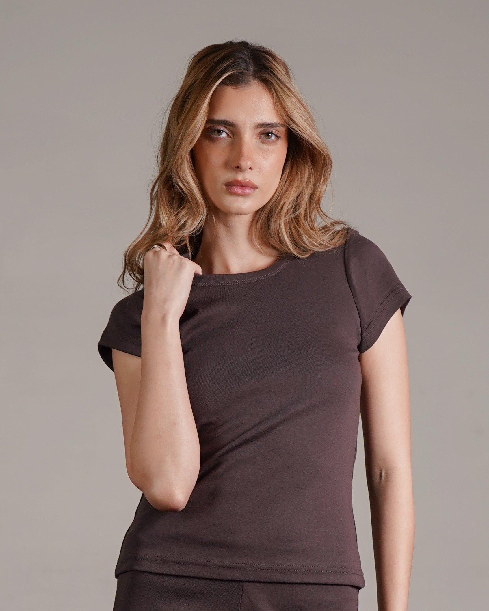 Brown Basic Tee 100% Cotton on model