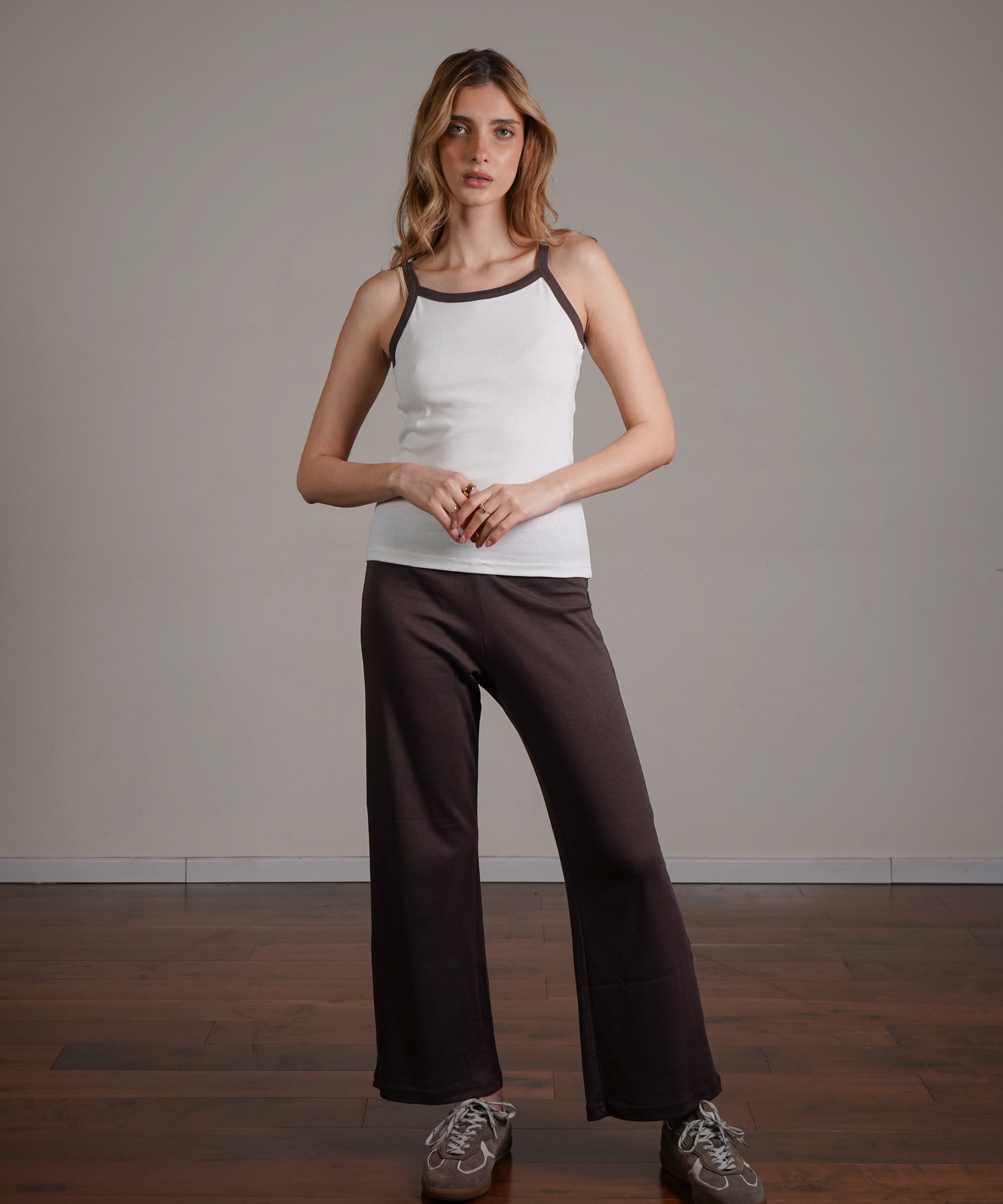 White Ringer Cami Tank 100% Cotton on model, front view