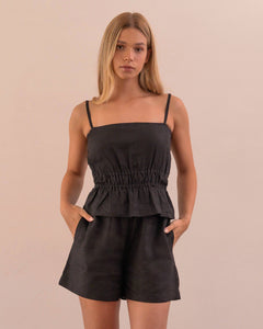 Black Linen Shorts 100% Linen on model