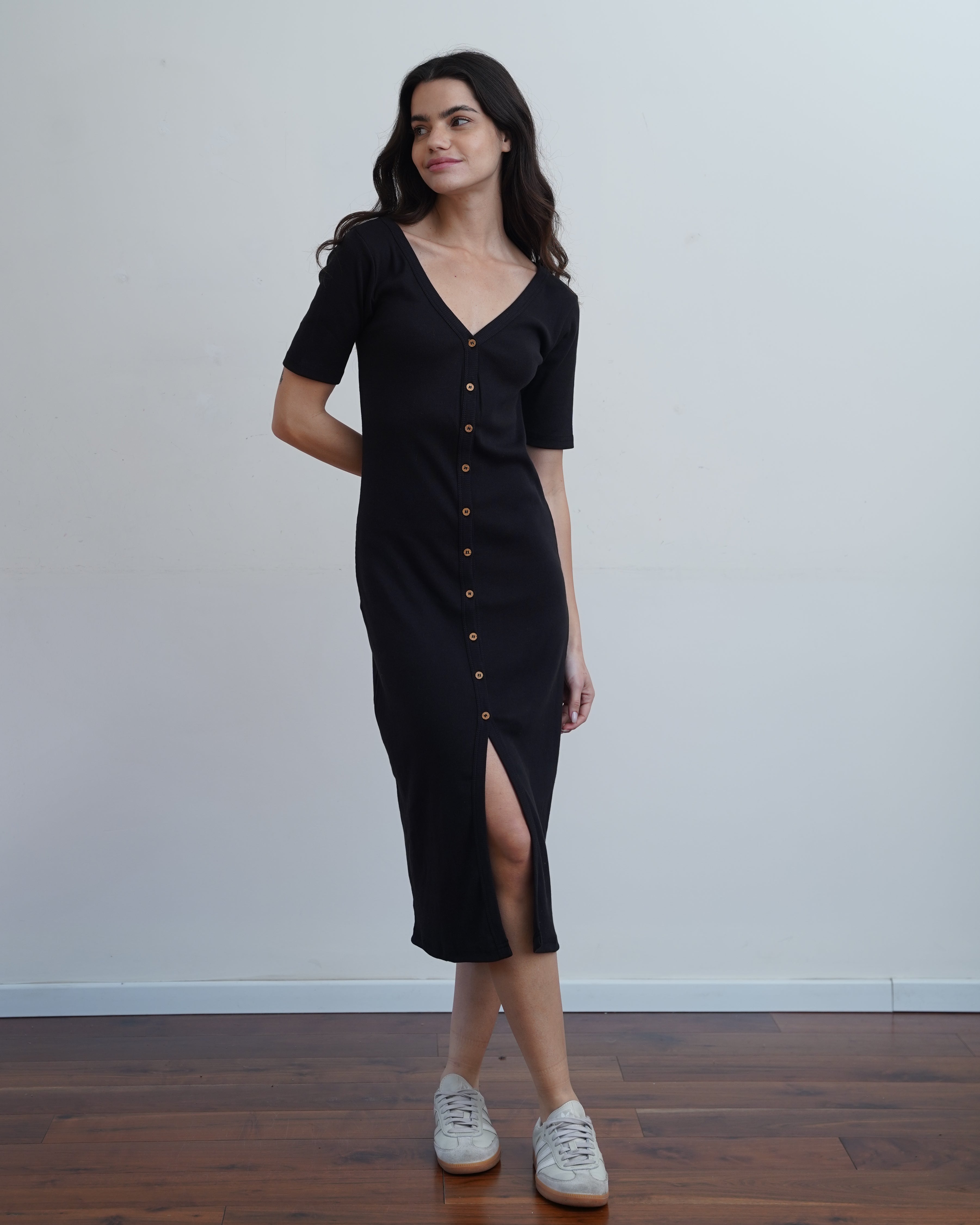 100 Cotton Ribbed Button Midi Dress Uniform Apparel