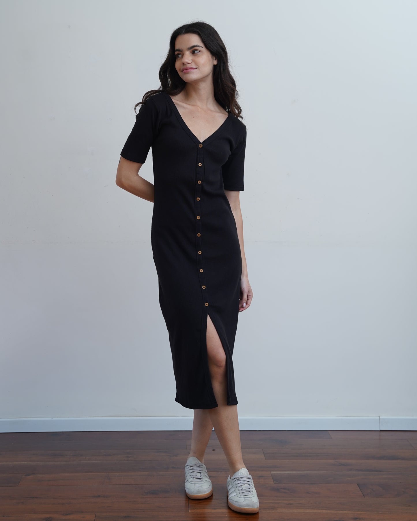 100% Cotton Ribbed Button Midi Dress