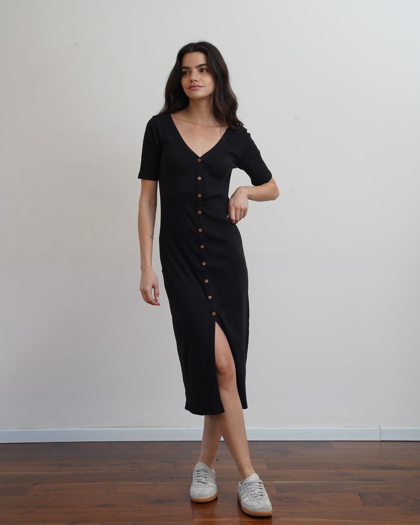 100% Cotton Ribbed Button Midi Dress