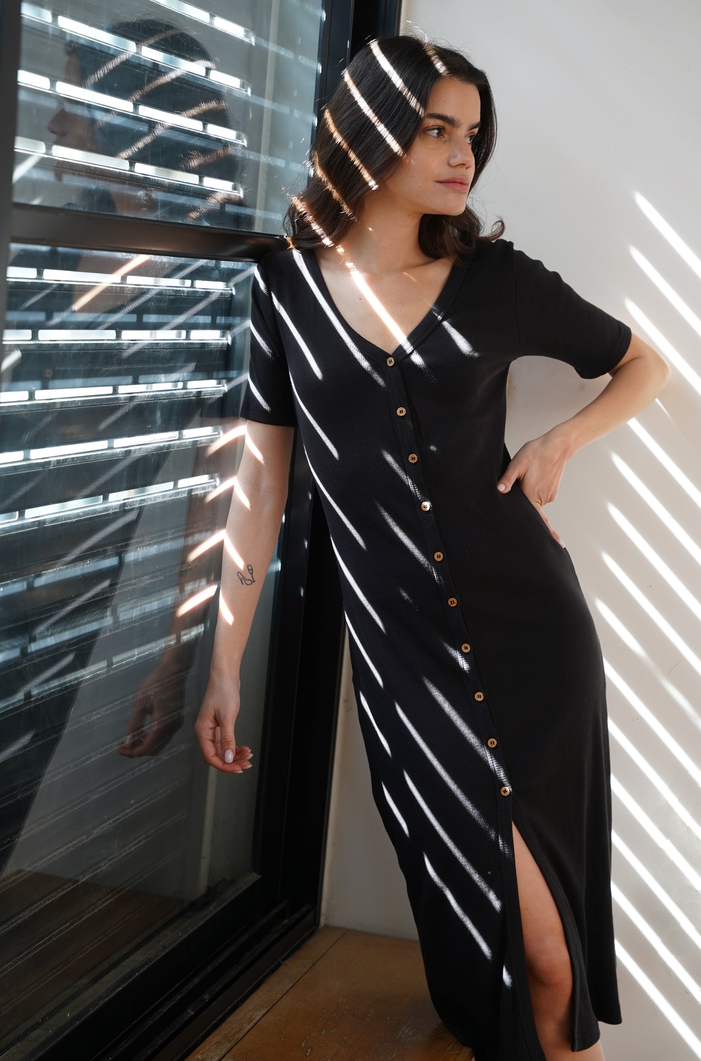 100% Cotton Ribbed Button Midi Dress