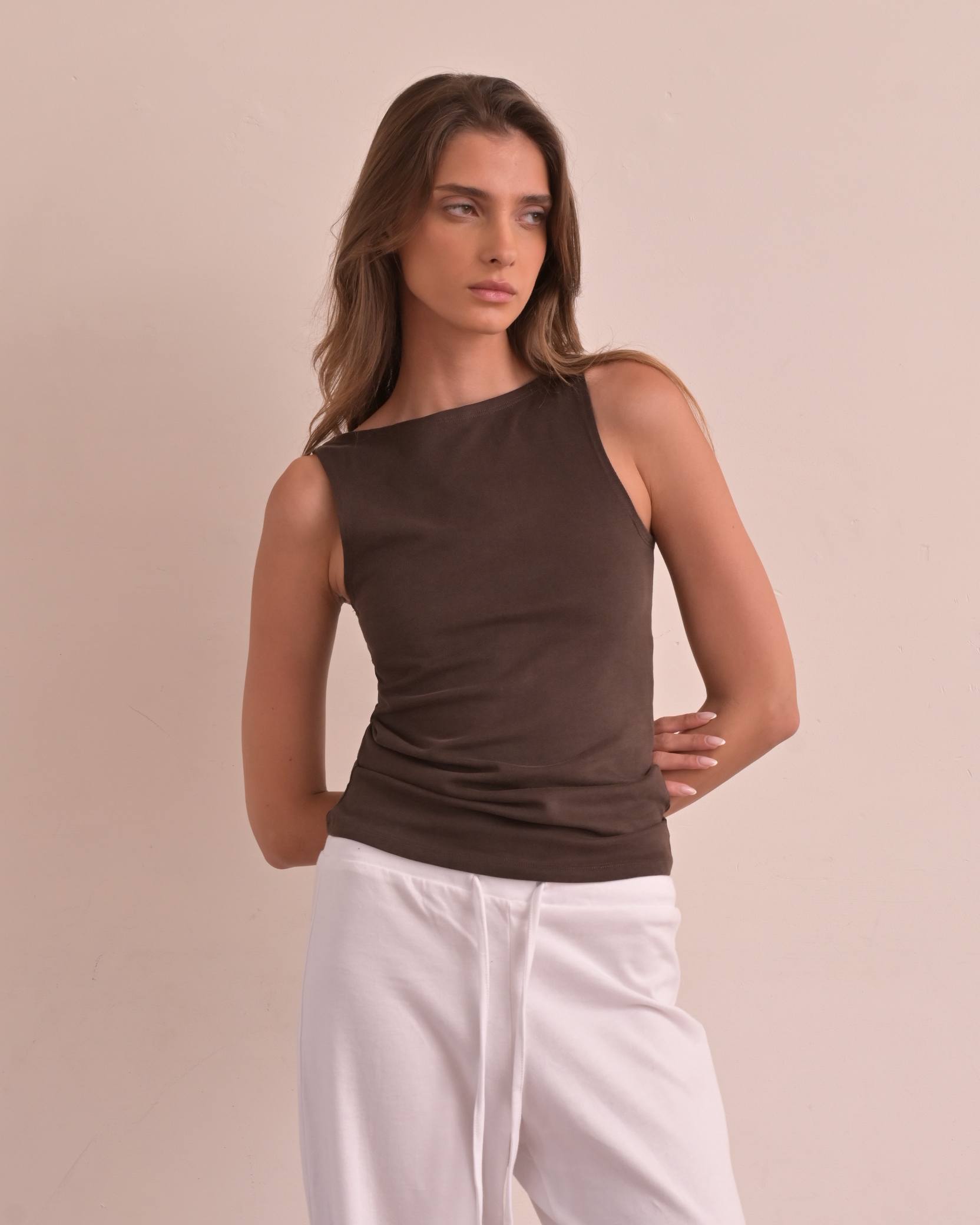 Brown Boat-Neck Tank 100% Cotton on model, front view