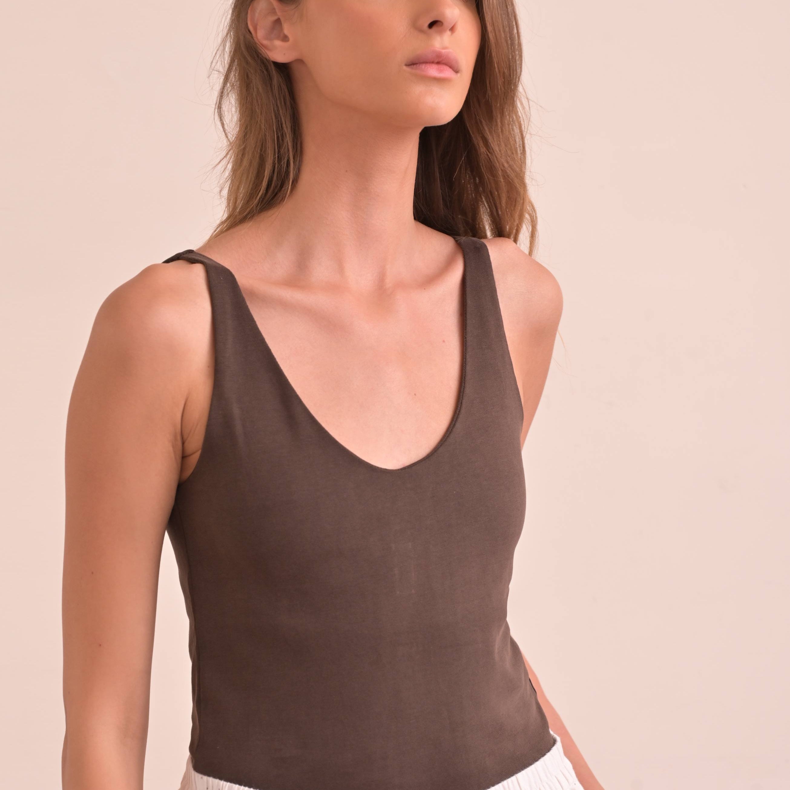 Brown V-Neck Tank 100% Cotton on model, front view