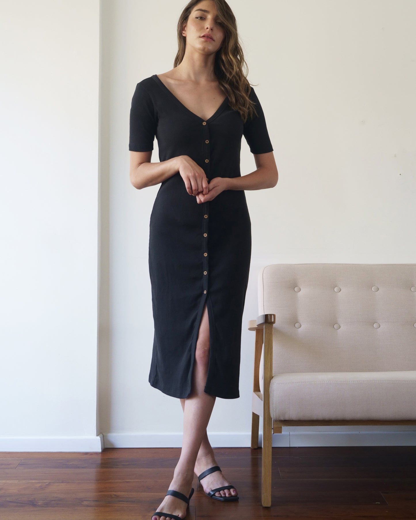 100% Cotton Ribbed Button Midi Dress