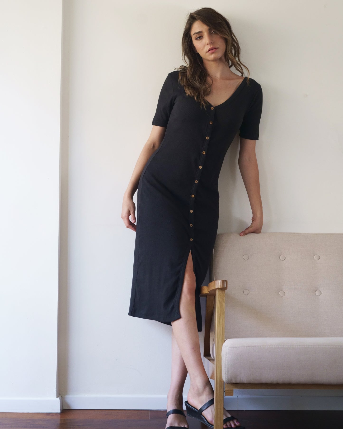 100% Cotton Ribbed Button Midi Dress