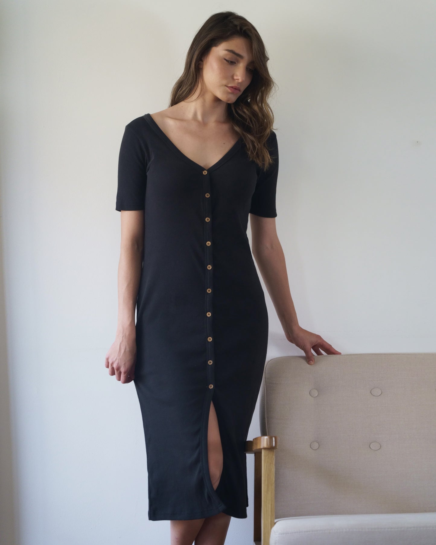 100% Cotton Ribbed Button Midi Dress